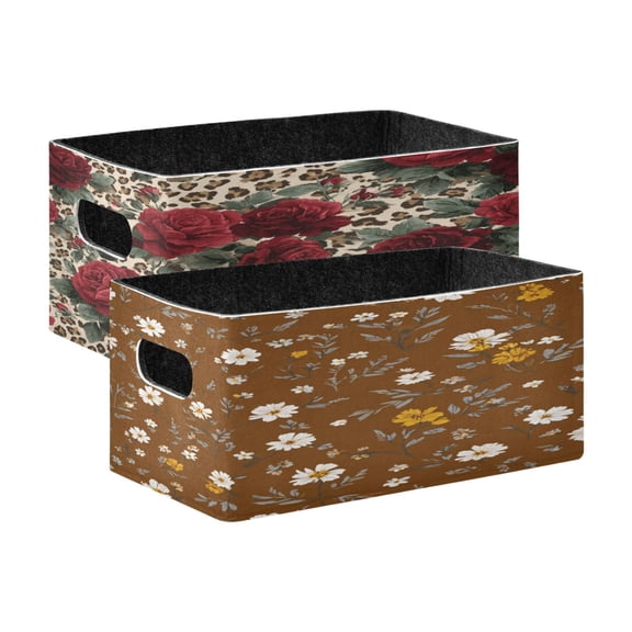 Felt Storage Bins 2-Pack Foldable Space-Saving Organizer For Home Office A Leopard Print with Roses Pattern White Wildflowers