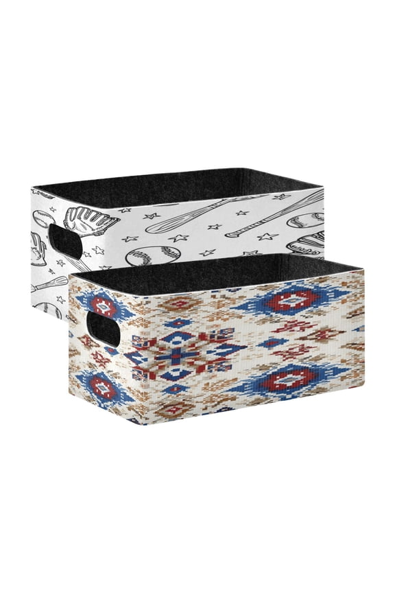 Felt Storage Bins 2-Pack Foldable Space-Saving Organizer For Home Office Baseballs Gloves Bats Traditional Pattern