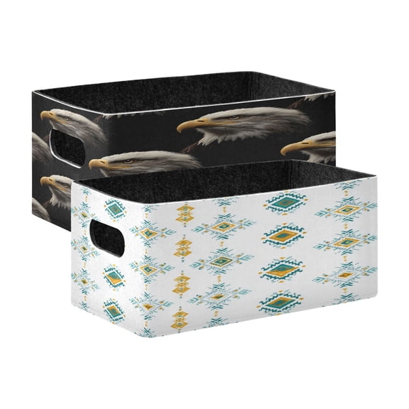 Felt Storage Bins 2-Pack Foldable Space-Saving Organizer For Home Office Bird Faces on The Black Background Aztec Pattern