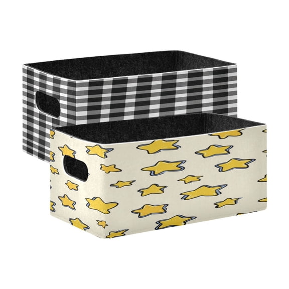 Felt Storage Bins 2-Pack Foldable Space-Saving Organizer For Home Office Black White Gingham Pattern Vector Yellow Stars