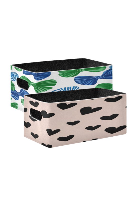 Felt Storage Bins 2-Pack Foldable Space-Saving Organizer For Home Office Blue and Green Bows Black Heart Pattern