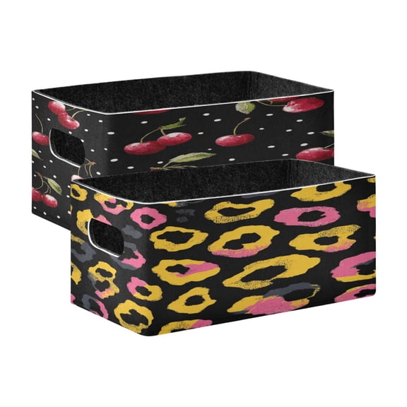 Felt Storage Bins 2-Pack Foldable Space-Saving Organizer For Home Office Cherry Pattern & White Polka Dots A Leopard Print Pattern