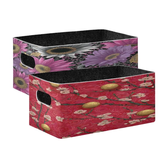 Felt Storage Bins 2-Pack Foldable Space-Saving Organizer For Home Office Floral and Leopard Pattern Golden Balls and Cherry Blossoms