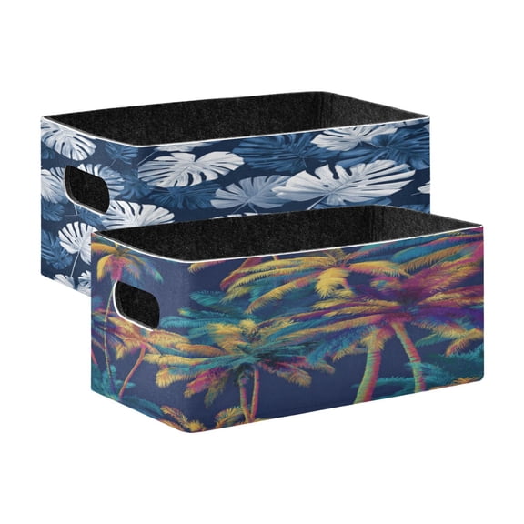 Felt Storage Bins 2-Pack Foldable Space-Saving Organizer For Home Office Indigo Blue Retro Palm Trees