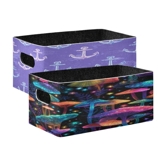 Felt Storage Bins 2-Pack Foldable Space-Saving Organizer For Home Office Nautical-themed Purple Background Glowing Mushrooms & Stars
