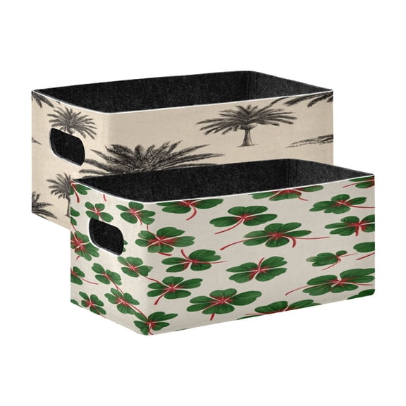 Felt Storage Bins 2-Pack Foldable Space-Saving Organizer For Home Office Palm Trees Design Green Clover Leaves