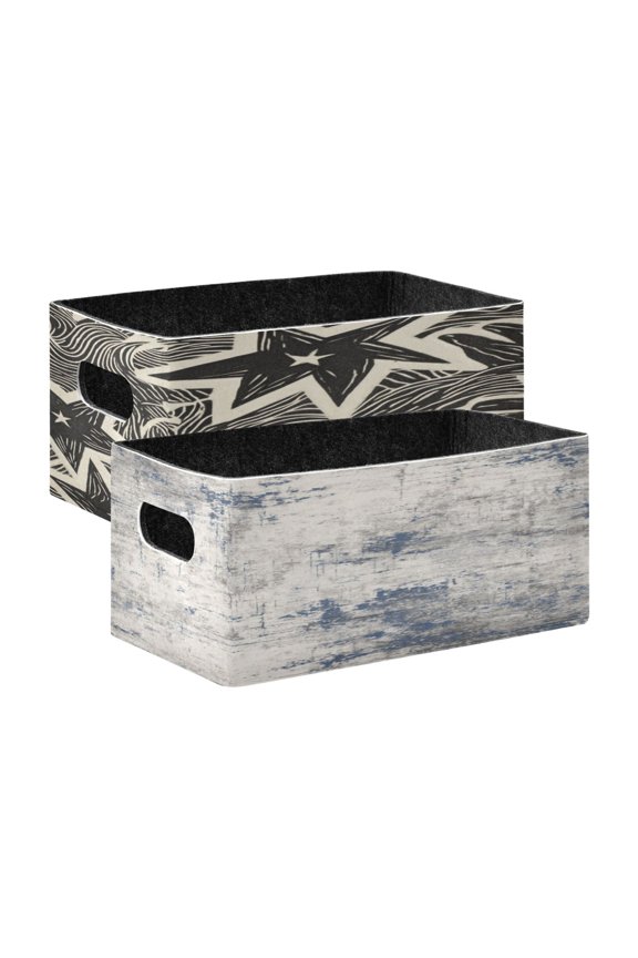 Felt Storage Bins 2-Pack Foldable Space-Saving Organizer For Home Office Pattern Line Art Of Stars Gray and Blue Pattern