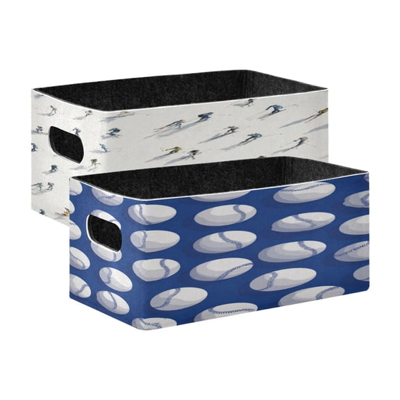 Felt Storage Bins 2-Pack Foldable Space-Saving Organizer For Home Office Pattern Of Small Skiers Pattern Of Blue and White Baseballs
