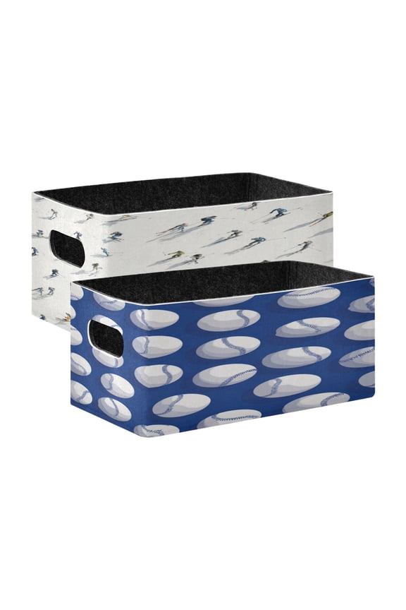 Felt Storage Bins 2-Pack Foldable Space-Saving Organizer For Home Office Pattern Of Small Skiers Pattern Of Blue and White Baseballs