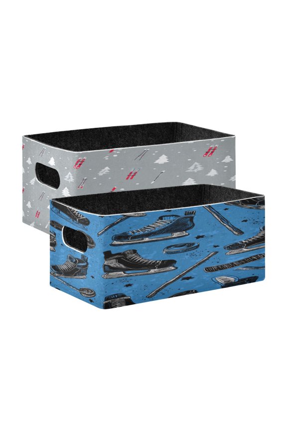 Felt Storage Bins 2-Pack Foldable Space-Saving Organizer For Home Office Pattern with Skis Pattern Of Hockey Gear