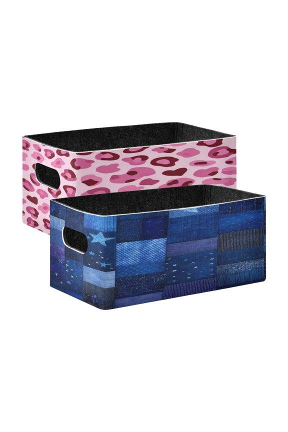 Felt Storage Bins 2-Pack Foldable Space-Saving Organizer For Home Office Pink Leopard Print Patchwork Of Blue Pattern