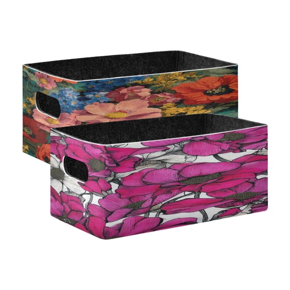 Felt Storage Bins 2-Pack Foldable Space-Saving Organizer For Home Office Retro-style Floral Line Art Of Fuchsia