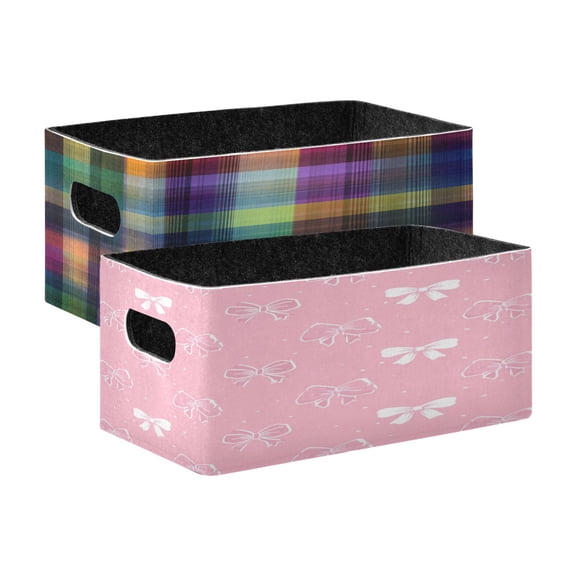 Felt Storage Bins 2-Pack Foldable Space-Saving Organizer For Home Office Tartan Pattern in Rainbow Colors Ribbons