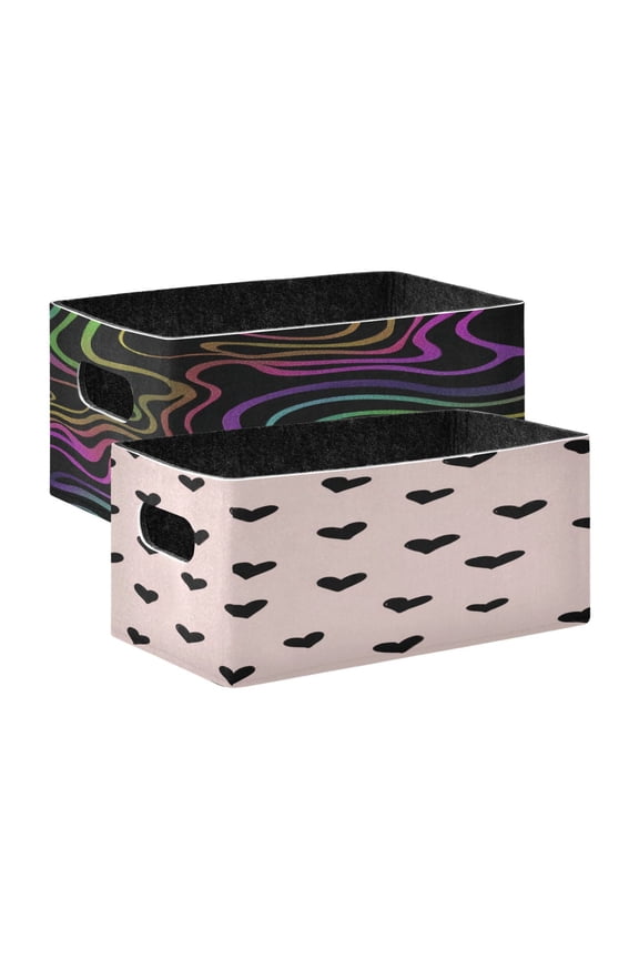 Felt Storage Bins 2-Pack Foldable Space-Saving Organizer For Home Office Wavy Lines in Neon Colors Small Black Hearts