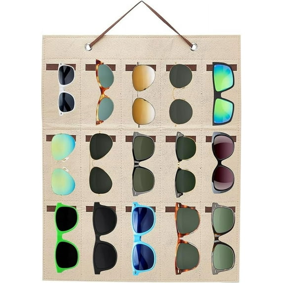 Felt Sunglasses Organizer 15-Slot Wall Hanging Sunglasses Storage Bag Eyewear Display Holder Stand Rectangle Polyester BurlyWood Color Eyeglass Container(19.6x15.7inch)