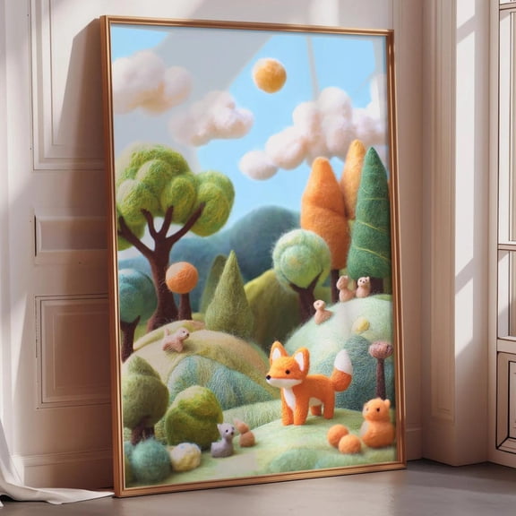 Felt Woodland Fox Cute Forest Animal Pastel Nursery Decor Whimsical Kids Room Soft Textured Nature Art, Stretched Canvas