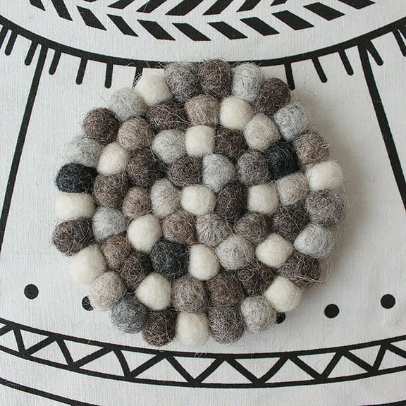 Felt Wool Ball, 8 In, Pom Pom Construction, Coaster, Trivet, Non Slip Mat, Heat Mat, Countertop Protector, Handmade Kitchen, Neutral Shades, 1 Pc
