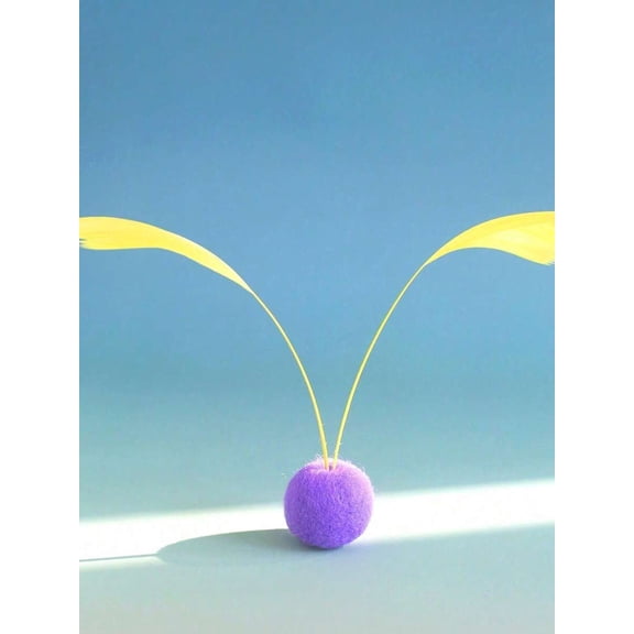 Felt Wool Ball Cat Toy With Yellow Chicken Tail Feathers - One Size
