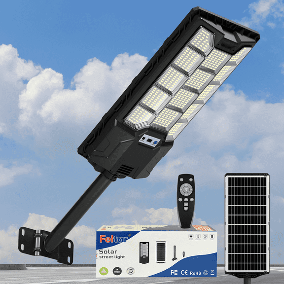 Feltar Solar Street Light, 496 LEDs, 36,000mAh Battery, 6500K Waterproof, Remote & Motion Sensing, Ideal for Yards, Roads, Warehouse Entrances