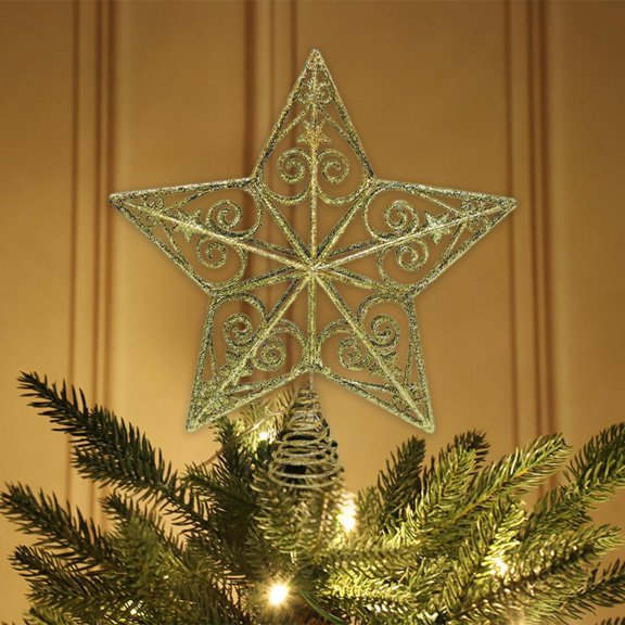 Feltree 10-Inch Glitter Christmas Tree Topper Star with Hollow Design for Tall Trees - Easy Spring Base Installation