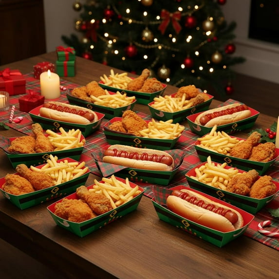 Feltree 12 Pack Disposable Christmas Paper Food Trays for Hot Dogs Popcorn Snacks and Party Supplies