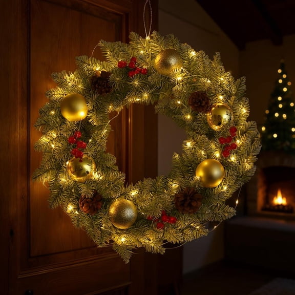 Feltree 16 Inch Artificial Christmas Wreath with LED Lights, Pine Cones, and Berries for Holiday Door Decor