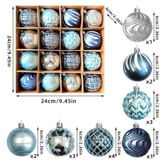 Feltree 2.4-Inch Electroplated Plastic Painted Christmas Ornaments, 16-Pack, Christmas Tree Decorations with Hand-Designed Patterns for Holiday Decor and Gifts