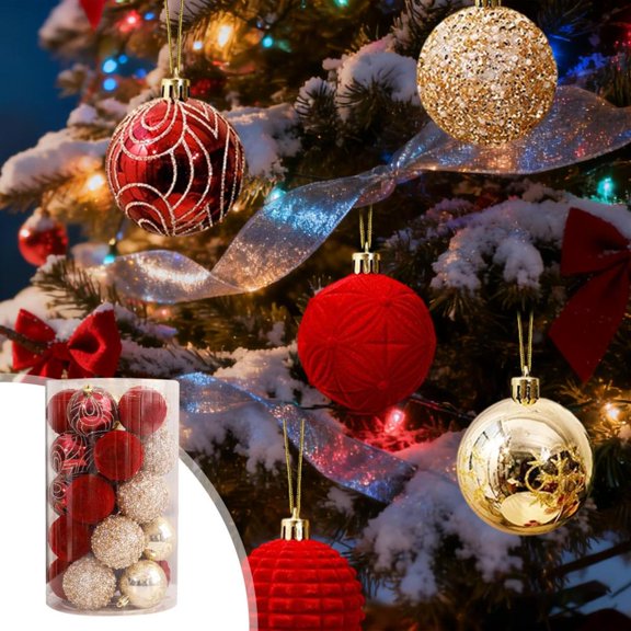 Feltree 2.4 Inch Flocked Christmas Ball Ornaments 25-Pack with Metal Hanger for Tree Decorations and Holiday Party Supplies