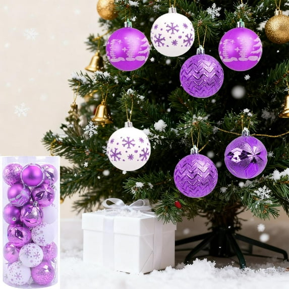 Feltree 24-Piece Christmas Ball Ornaments Gift Box Set with Colorful Painted Plastic Hanging Balls for Christmas Tree Decor