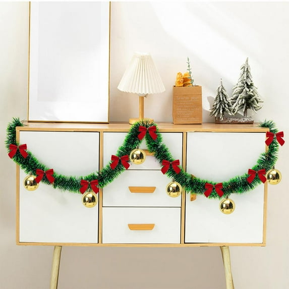 Feltree 2M Christmas Garland with Pom Poms and Floral Drawstring Ribbon for Tree and Window Decor, Easy to Install, Reusable Holiday Decoration