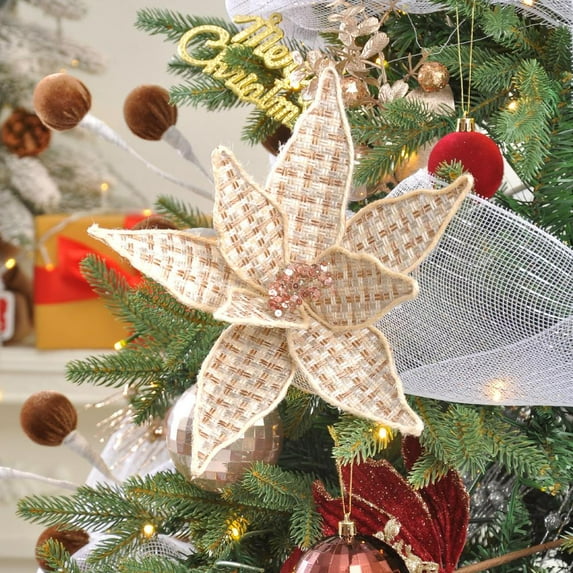 Feltree 3 Pcs Artificial Poinsettia Velvet Glitter Flower Stems for Christmas Tree and Home Decorations, No Maintenance Realistic Artificial Flowers