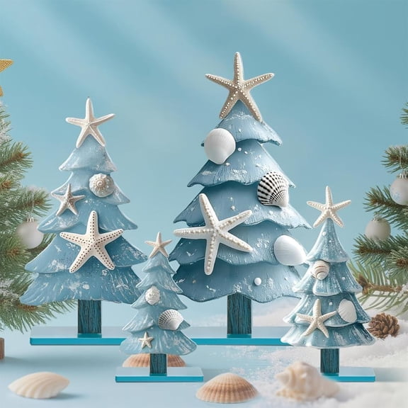 Feltree 4-Piece Blue Coastal Wooden Christmas Table Decorations Set for Desktop, Seaside Theme Holiday Decor with Easy Setup