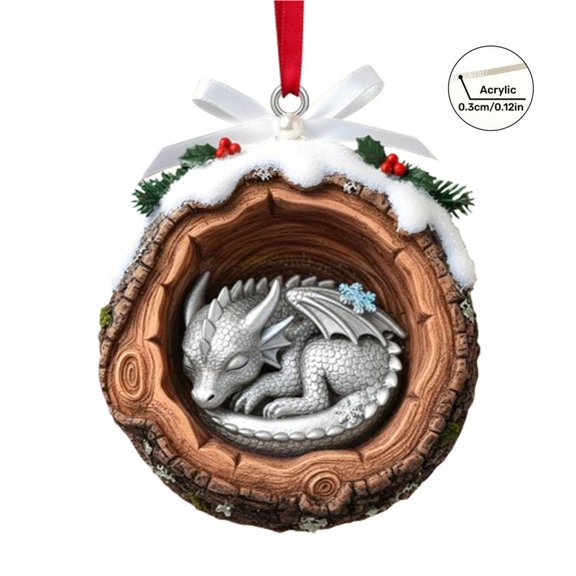 Feltree Acrylic Christmas Ornaments with Sleeping Dragons in Log - Festive Hanging Decor for Holiday Tree and Home