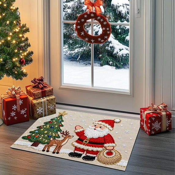 Feltree Christmas Bath Mat Non-Slip Absorbent Floor Rug for Bathroom and Entryway, 15.7x23.6 Inches, Knitted Crystal Velvet Festive Decor