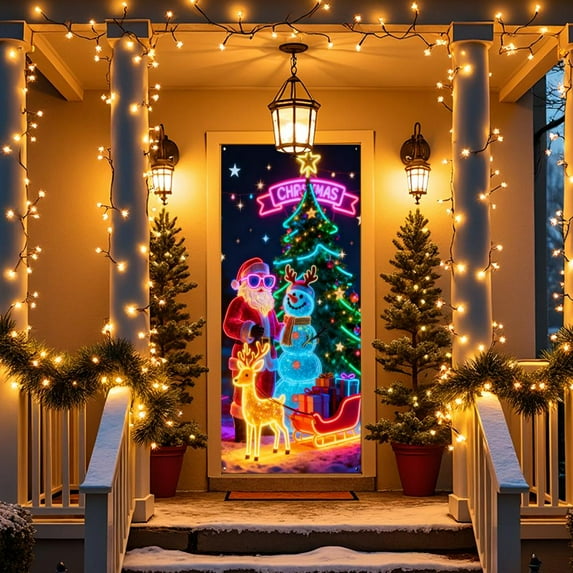Feltree Christmas Door Cover Decoration for Front Door, Easy Install Holiday Tapestry, 35x71 Inch Party Decor