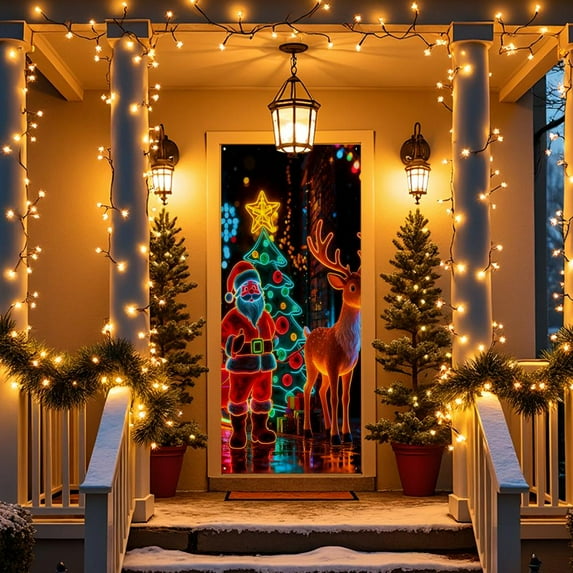 Feltree Christmas Door Cover Decoration for Front Door, Easy Install Holiday Tapestry, 35x71 Inch Party Decor