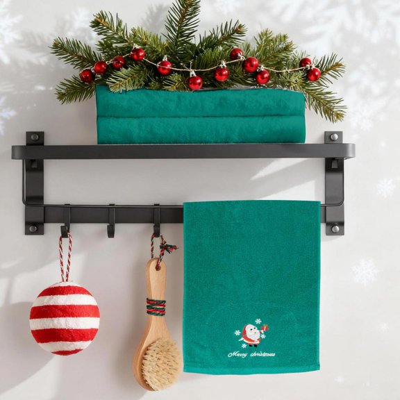 Feltree Christmas Embroidered Cotton Towel with Snowman and Santa Claus Design - Absorbent Kitchen Hand Towel for Holiday Decor and Gift