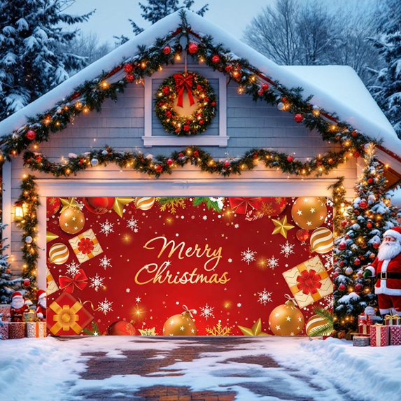 Feltree Christmas Garage Background Banner for Holiday Decor - Wrinkle-Resistant Polyester Fabric, 157x70.8 Inch, Photography Props for Parties and Festive Scenes