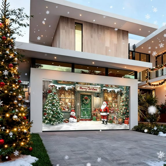 Feltree Christmas Garage Banner Large 157x71 Inch Polyester Outdoor Door Decoration for Holiday Party Festive Backdrop