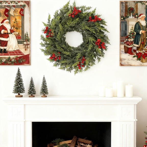 Feltree Christmas Norfolk Pines Berry Wreath with Plastic Base for Front Door Holiday Decor, 23.6 Inch