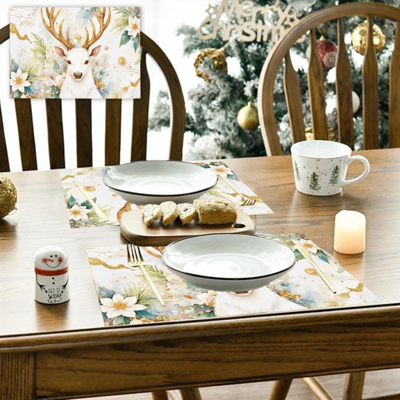 Feltree Christmas Placemats with Reindeer and Poinsettia Design 16.5x12.5 Inch Polyester for Festive Table Setting and Heat Protection Holiday Decor