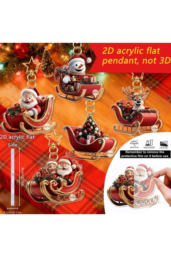 Christmas Santa Claus Sled 2D Acrylic Keychain for Car Backpack Holiday Decor Ornament Gift