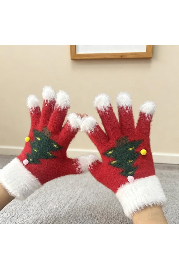 Christmas Touchscreen Gloves for Winter Warmth with Snowflake Tree Design and Thick Fleece Lining