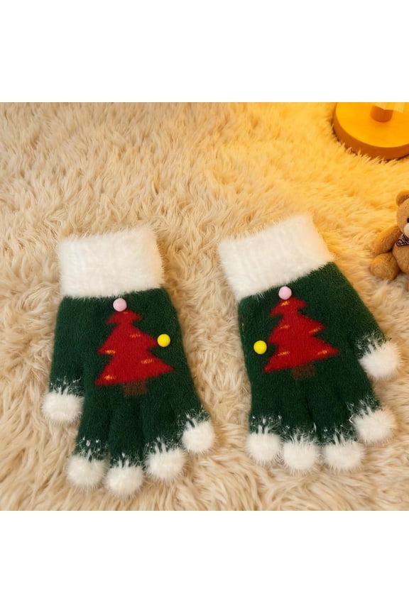Christmas Touchscreen Gloves for Winter Warmth with Snowflake Tree Design and Thick Fleece Lining