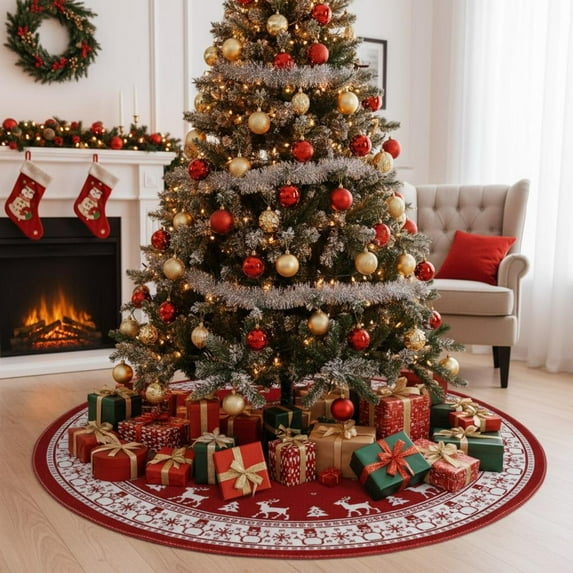 Feltree Christmas Tree Skirt Red Festive Design with Snowflakes Reindeer Santa 35x35 Inch Durable Polyester for Home Hotel Mall Easy Clean Foldable Storage