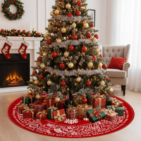 Feltree Christmas Tree Skirt Red Festive Design with Snowflakes Reindeer Santa 35x35 Inch Durable Polyester for Home Hotel Mall Easy Clean Foldable Storage
