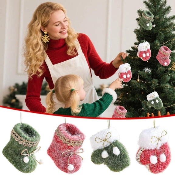 Feltree Cozy Faux Fur Boot and Glove Christmas Tree Ornaments with Hooks for Festive Holiday Decor