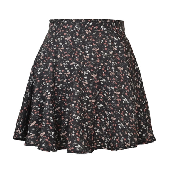 Feltree Cute Summer A Line Skirt Women Fashion Floral Print High Waist Swing Beach Mini Skirt Chiffon Zipper Short Skirt Black S