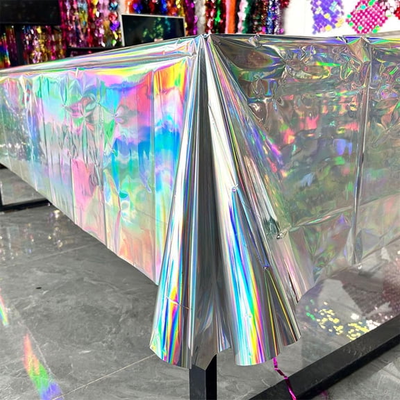 Feltree Disposable Holographic Iridescent Tablecloth Rectangle 53.9x72in for Parties Easy Clean Waterproof