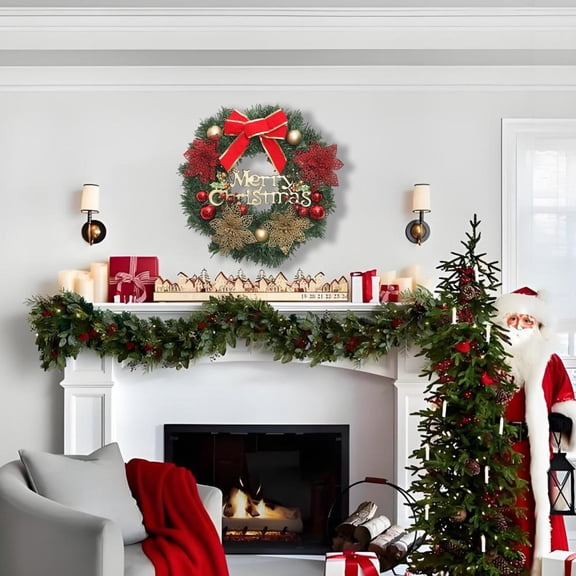 Feltree Green Christmas Wreath for Door Hanging, 16 Inch Holiday Wall Decor with Festive Arrangement, Durable and Reusable for Home Decoration